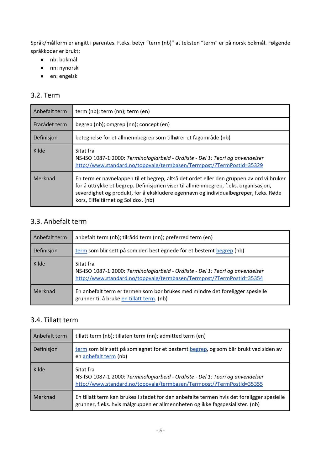 Språk/målform er angitt i parentes. F.eks. betyr term (nb) at teksten term er på norsk bokmål. Følgende språkkoder er brukt: nb: bokmål nn: nynorsk en: engelsk 3.2.