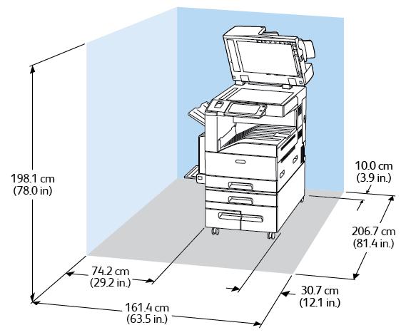 Spesifikasjoner Høyde: 1149 mm (45,2 tommer) Vekt: 264,4 kg (581,7 lb) Konfigurasjon med bruksklar etterbehandler, heftemodul, CZ-fals og stormagasin Bredde: 1978,2 mm (77,9 tommer)