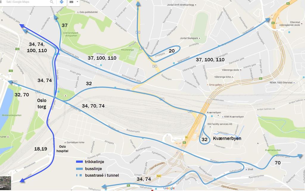 Dagens situasjon: Busser over Oslo torg Bybusser Fire bybussruter krysser i dag Oslo torg (Bispegata x Oslo gate): 32 Kværnerbyen kjører Dronning Eufemias gate Bispegatas nedre del Oslo torg