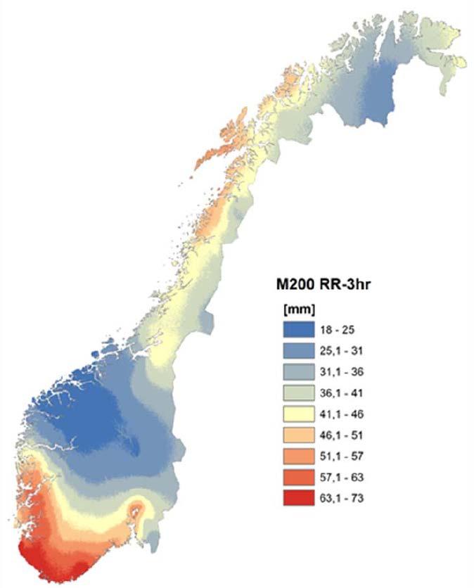 Korttidsnedbør Anbefalt klimapåslag for 3timersnedbør iht. fylkesvise klimaprofiler: + 40 % (klimaservicesenter.