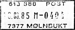 10.1903 MØLNBUGT Innsendt 23.01.1928 Registrert brukt fra 28 XII 09 TK til 20 VII 26 KjA Stempel nr. 2 Type: SL Bestilt gravør 18.06.