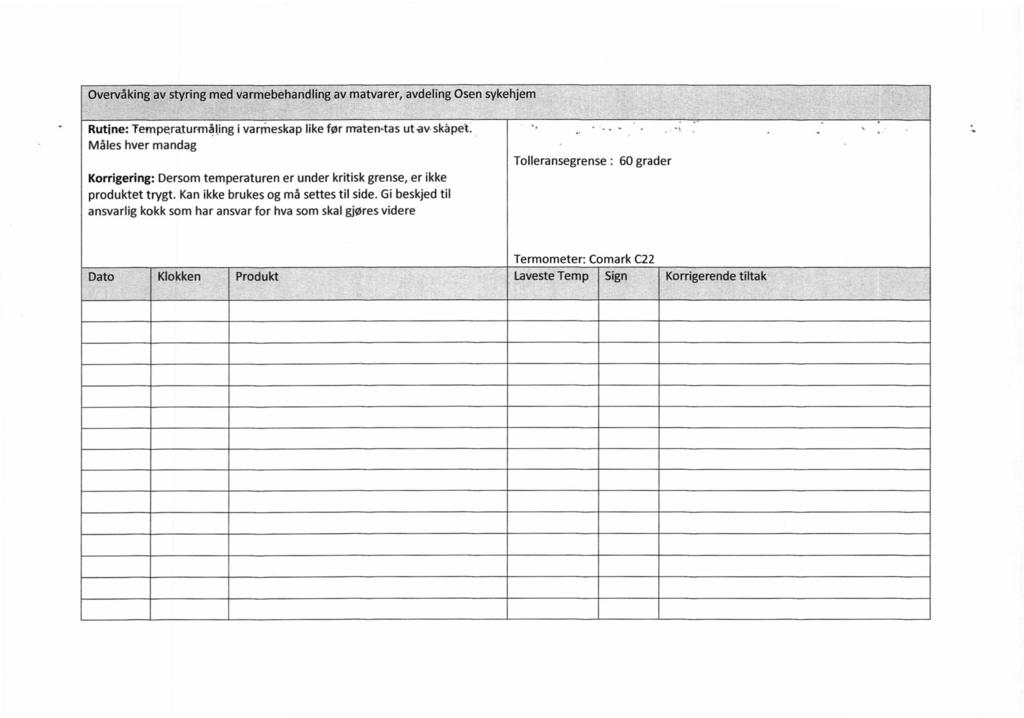 Overvåking av styring med varmebehandling av matvarer, avdeling Osen sykehjem Rutine: Temperaturmåling i varmeskap like før maten tas ut av skäpe't.