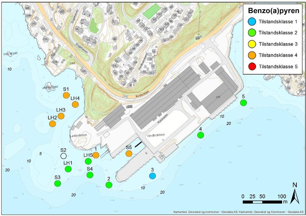 TILTAKSPLAN FORURENSEDE SEDIMENTER VINDHOLMEN 37 Lavest nivåer av miljøgifter er funnet i stasjonene LH5 samt stasjonene 3 og 5 som ligger mot Tromøysund.