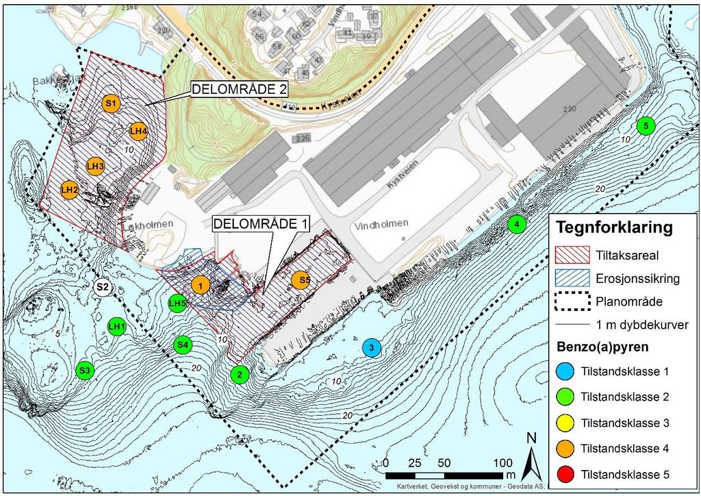 52 TILTAKSPLAN FORURENSEDE SEDIMENTER VINDHOLMEN 7 Tiltaksområde Analyser og risikovurderinger av sediment rundt Vindholmen/Løkholmen viser at sedimentene er forurenset, og utgjør en risiko både med