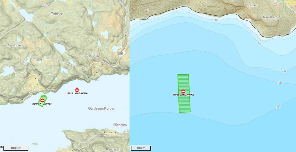 Figur 1: Oversikt av dagens plassering av Langavika og Atlatveit (venstre) og nærmere kart med dybde data (høyre) Planavklaring, forhåndsvarsling og høringsuttalelser Saken ble lagt ut til offentlig