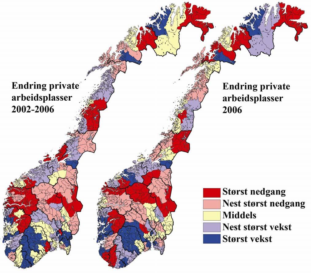 Kart med endring i privat sysselsetting regioner Figur 21: Endringer i antall private arbeidsplasser i regionene i Norge.