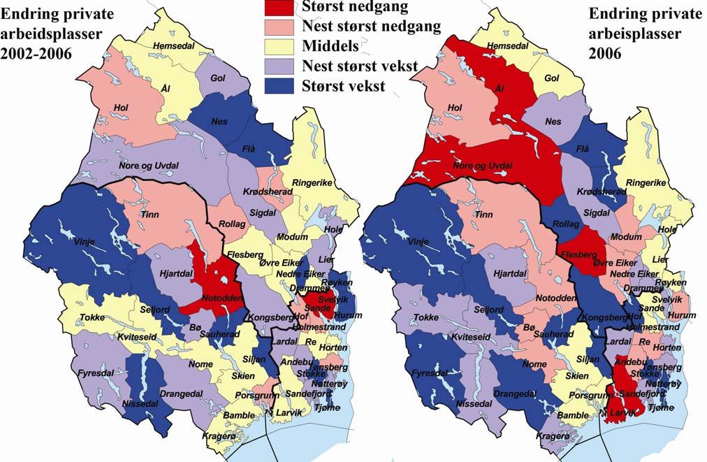 Kart med vekst i privat sysselsetting, kommuner Figur 22: Endringer i private arbeidsplasser i kommunene i BTV.