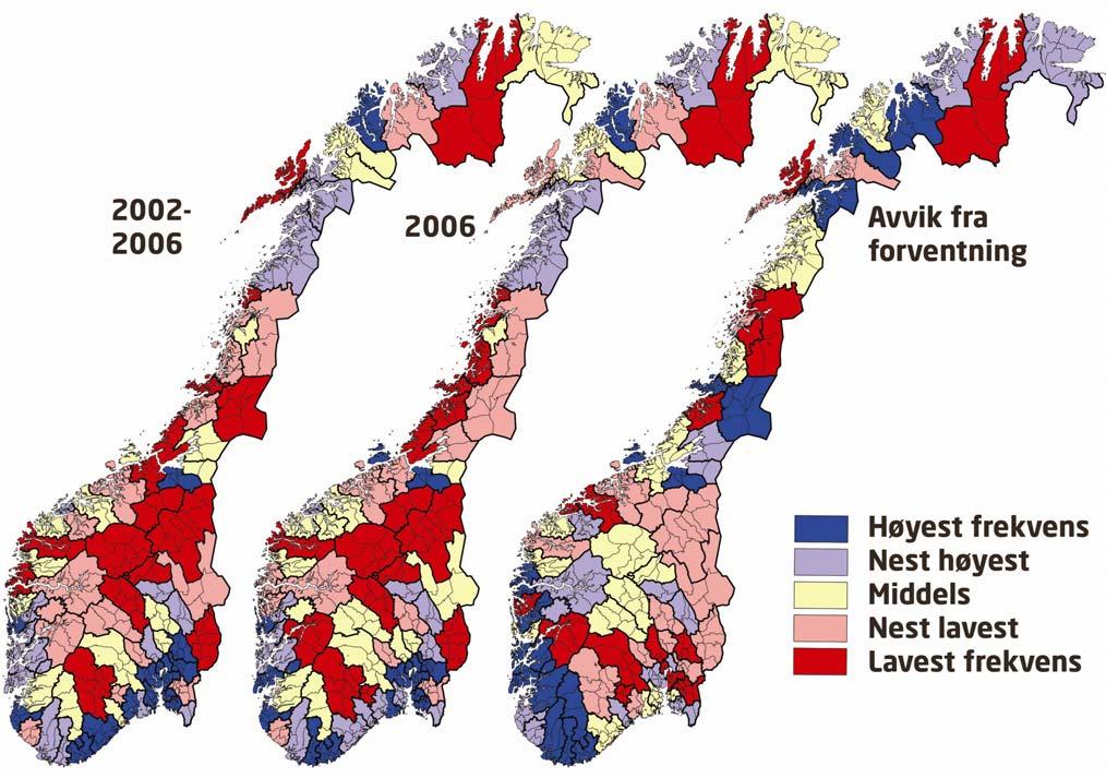 Kart over etableringsfrekvens i regionene Figur 31: Etableringsfrekvenser i regionene. Til venstre gjennomsnittlig etableringsfrekvens i perioden 2002-2006. I midten etableringsfrekvens i 2006.