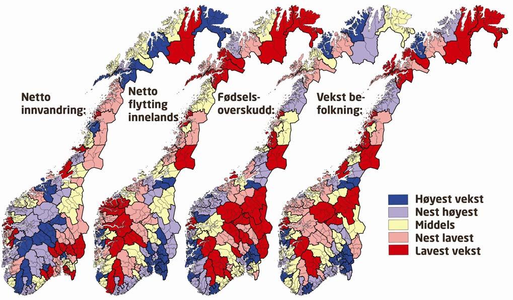 Næringsanalyse Kart med befolkningsendringer Figur 5: Komponenter i befolkningsendringer i perioden 2002-2006 i 83 regioner i Norge.
