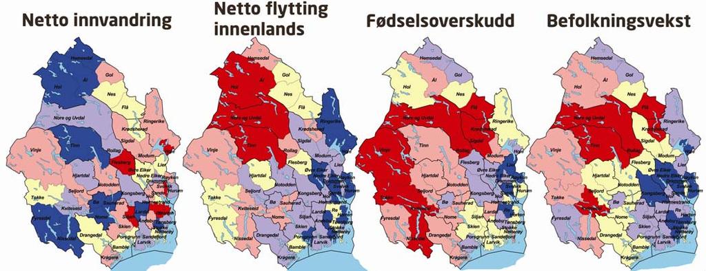 Næringsanalyse Figur 6: Befolkningsendringer dekomponert i perioden 2002-2006, netto endringer i forhold til folketallet. Fargene angir regionens rangering i forhold til de andre kommunene i Norge.