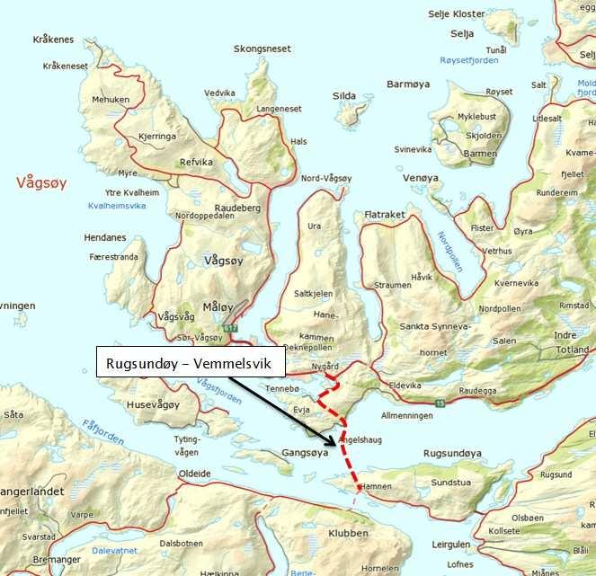 7.2 Etablering av ferjesambandet Vemmelsvik Rugsundøy 7.2.1 Trafikk Figur 6: Rugsundøy - Vemmelsvik Ved å etablere eit nytt ferjesamband over ytre Nordfjord frå Rugsundøy til Vemmelsvik er det venta