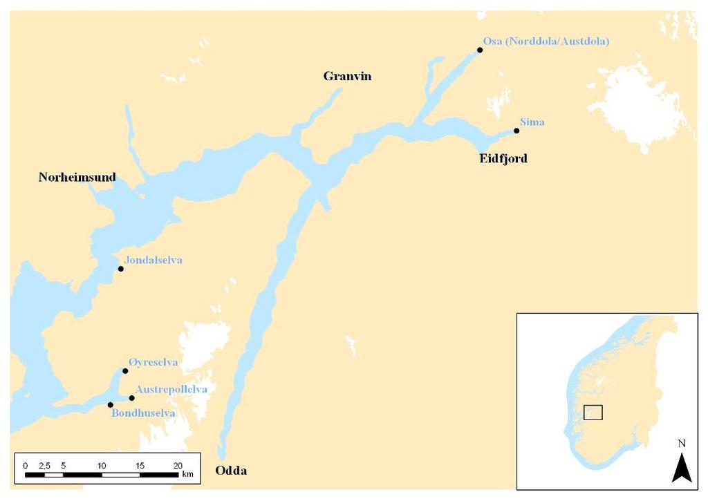 Figur 1. Oversiktskart over studieområdet i Hardangerfjorden. Elvemunningene i de undersøkte vassdragene er markert på kartet.