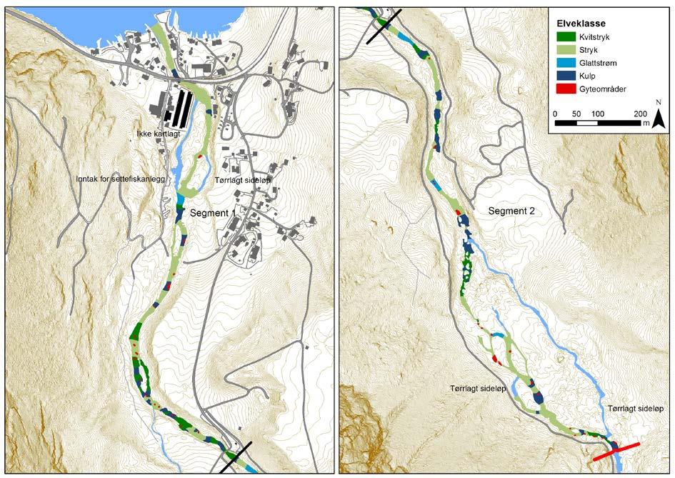 Figur 68. Kart over elveklasser fra kartlegging i Bondhuselva 13.03.2018.