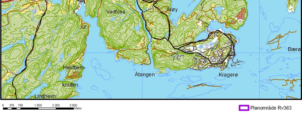 Planområdets beliggenhet i Kragerø kommune TERRENGET Nordøst i planområdet ligger sentrum av Sannidal, med boliger, bedrifter og veier. Her finnes veldig lite urørt undergrunn igjen.