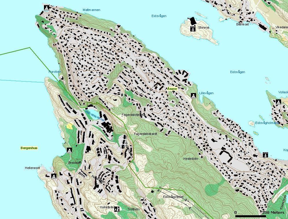 Tomta ligger tilgrensende hensynssone H530_63, hensyn friluftsliv. Blågrønne verdier og rekreasjon Utsnitt av Bergenskart som beskriver turkart og blågrønne strukturer.