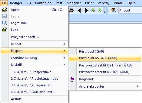 Eksport og import Eksportere til NS3459 Hvis du skal gjøre en ressurskalkyle i et mer avansert program som ISY ByggOffice kan du overføre hele eller deler av anbudsdokumentet via NS 3459.