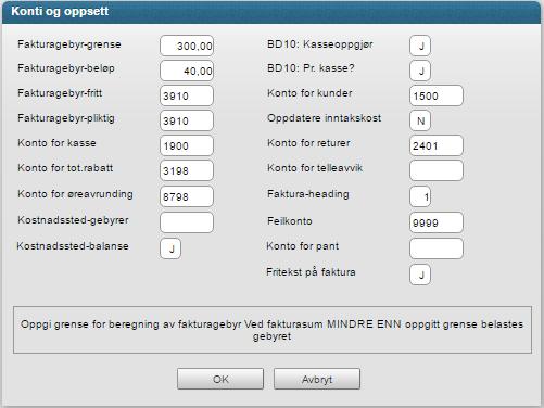 Sett <J=Ja> til fritekst på faktura I systemoppsett (BD80) finnes et valg for <Konti og oppsett>.