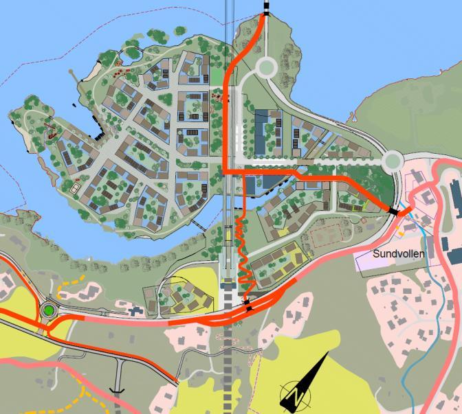 6.1.1 Sikkerhetsproblemer Gruppa fant ingen spesielle sikkerhetsproblemer. 6.2 Sundvollen i permanent situasjon Planforslaget viser to rundkjøringer inn til stasjonsområdet.