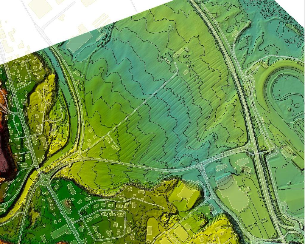 Figur 6: Terrengmodell med erosjonspunkt og mulige nye løp Vismunda markert Flom i Mjøsa: Vannstandene i Mjøsa er godt dokumentert gjennom vannstandsmålinger ved NVEs målestasjon 2.101 Hamar.