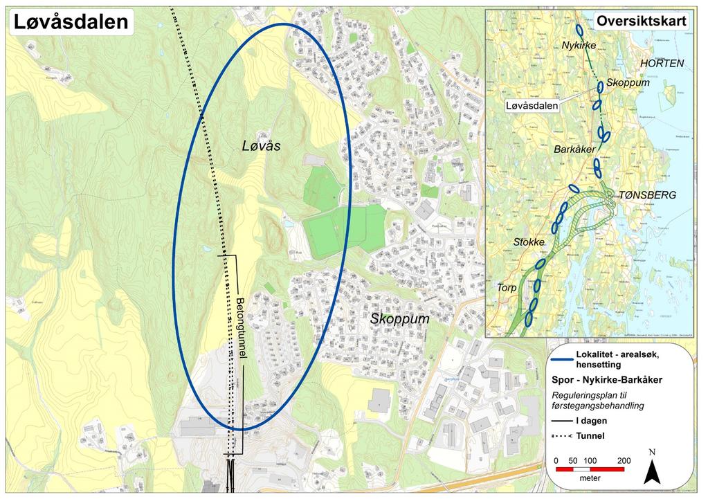 19 av 71 3.2 Løvåsdalen Området ligger mellom Skoppum og planlagt dobbelsporparsell (Nykirke Barkåker) (se Figur 3-3). Figur 3-3 Området Løvåsdalen. 3.2.1 Samlet vurdering Løvåsdalen For evalueringskriteriet gjennomførbarhet og kostnader er området vurdert til å være lite egnet.