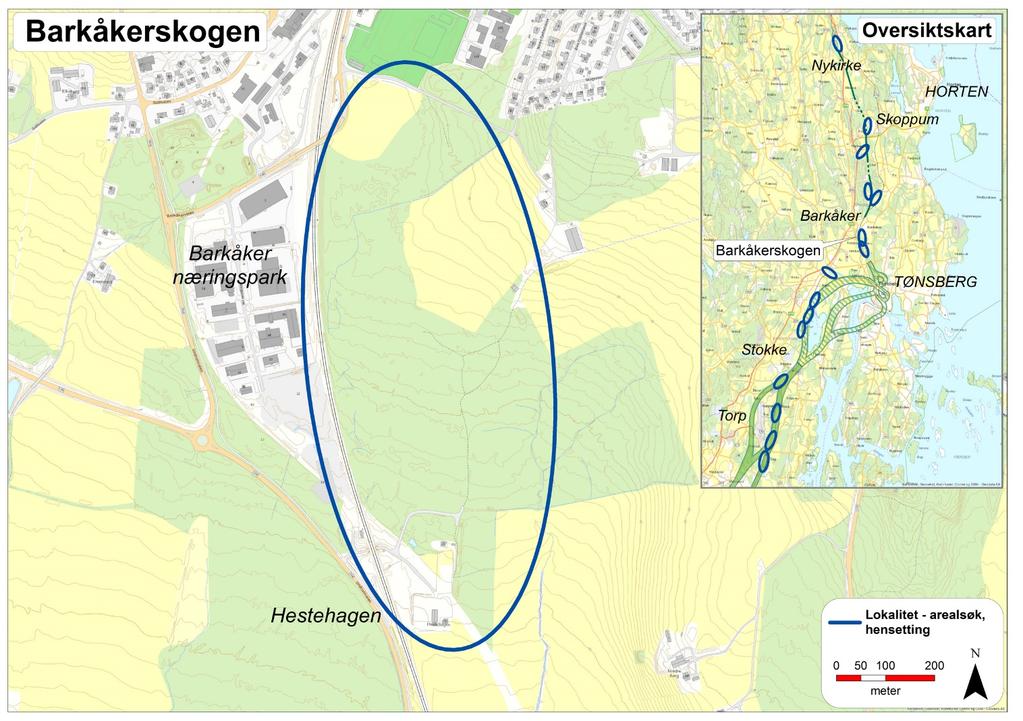 31 av 71 3.6 Barkåkerskogen Området ligger på østsiden av dagens jernbane ved Barkåker næringspark i Tønsberg kommune (se Figur 3-7). Figur 3-7 Området Barkåkerskogen. 3.6.1 Samlet vurdering Barkåkerskogen For evalueringskriteriet gjennomførbarhet og kostnader er området vurdert til å være egnet.