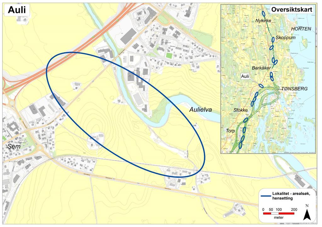 37 av 71 3.8 Auli Området ligger mellom Aulielva og Sem i Tønsberg kommune (se Figur 3-9). Figur 3-9 Området Auli. 3.8.1 Samlet vurdering Auli For evalueringskriteriet gjennomførbarhet og kostnader er området vurdert til å være lite egnet.
