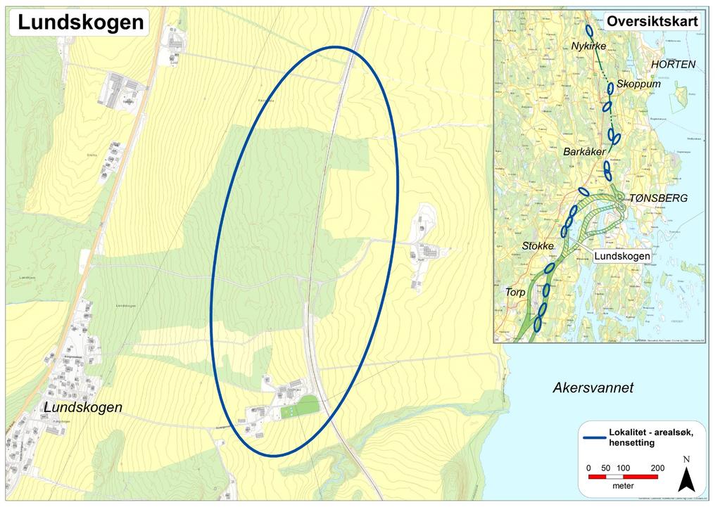 47 av 71 3.11 Lundskogen Området ligger vest for Akersvannet i Sandefjord kommune (se Figur 3-12). Figur 3-12 Området Lundskogen. 3.11.1 Samlet vurdering Lundskogen For evalueringskriteriet gjennomførbarhet og kostnader er området vurdert til å være lite egnet.