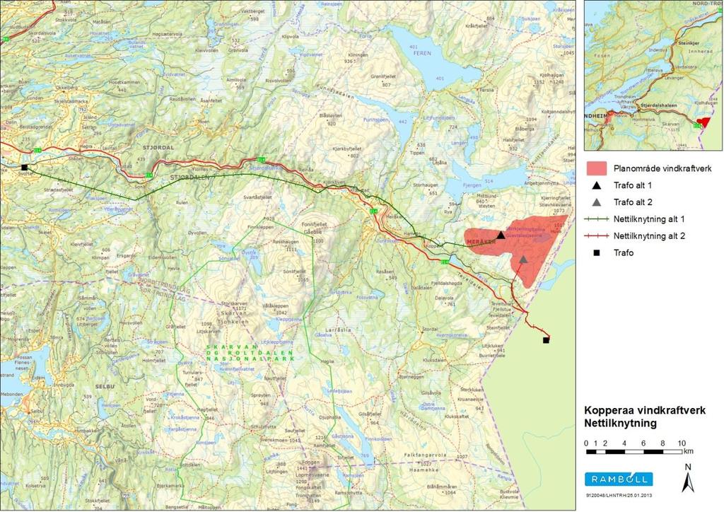 Figur 3 Kart over mulige alternativer for nettilknytning Kopperaa vindkraftverk 1.2.1.1 Alternativ 1 Tilknytning til Statnetts sentralnettstransformatorstasjon på Eidum i Stjørdal kommune, som ligger ca.