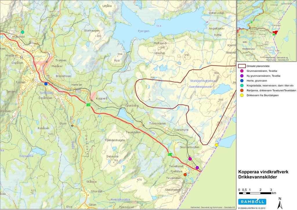 Figur 7 Drikkevannkilder (Meråker kommune, 2013) Deler av influensområdet til vindkraftverket er innenfor nedbørsfeltet for vannkraftverket, Meråker kraftverk.