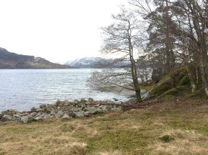 Nede til venstre: Stranda på nordsida av odden med utsikt mot Ølfernes. Høgre: Eigedommen sett frå sør. Steingarden strekk seg langs heile grensa.