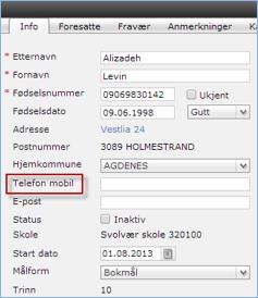 Elevenes mobilnummer Dette registreres på elevens infofane. Når det sendes SMS til eleven, sendes den til dette nummeret. Dette mobilnummeret tilhører altså eleven (ikke foresatte).