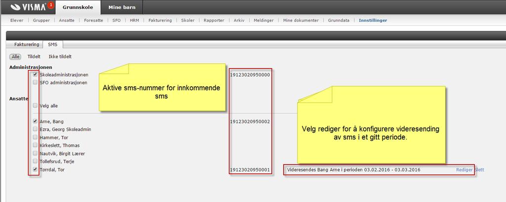 Håndtering av innkomne SMS settes opp på Skolenivå-Grunndata-Varsler-SMS inn.