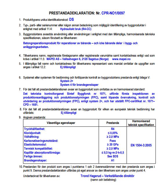 Silikastøv CE merket iht EN 1504-3 Varianter med fiber, SR