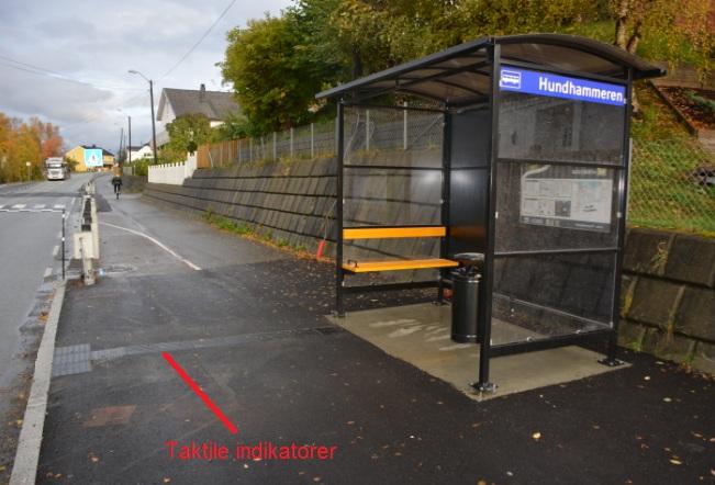 ildet viser eksempler på taktile indikatorer på en Taktile indikatorer til påstigning : Ja Taktile indikatorer ved busstopp.