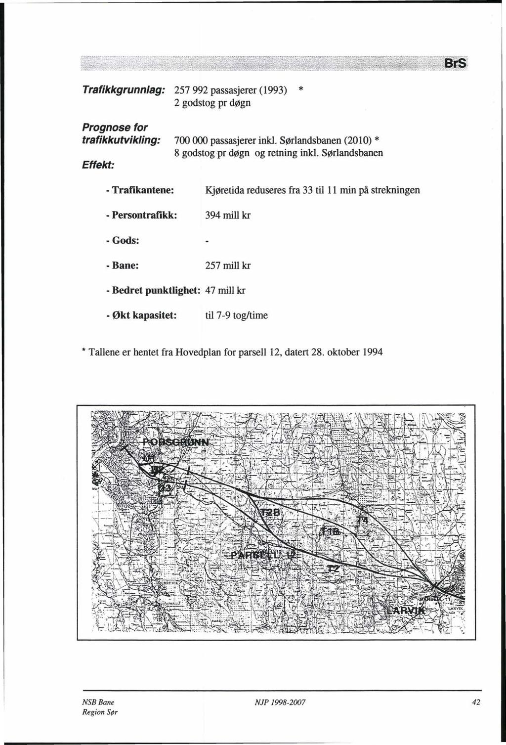 Trafikkgrunnlag: 257 992 passasjerer (1993) * 2 godstog pr døgn Prognose for trafikkutvikling: Effekt: 700 000 passasjerer inkl. Sørlandsbanen (20 l O) * 8 godstog pr døgn og retning inkl.