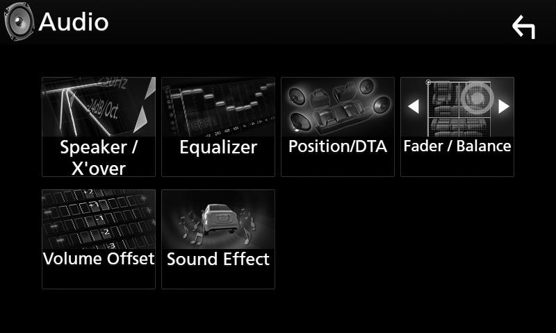Konfigurering av høyttaler/ X over 1 Trykk på [MENU]-knappen. hhoppsprettmenyen vises. 2 Trykk på [Audio]. hhlydskjermbildet vises. 3 Trykk på [Speaker/X over].