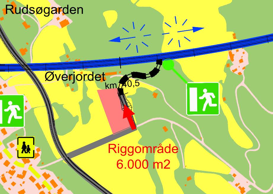 39 av 56 4.6.1 Tverrslag/rømningstunnel Øverjordet Ved Øverjordet er det foreslått et tverrslag/rømningstunnel med adkomst fra Gamleveien. Lengde på tunnelen er ca. 140 m og med stigning 12%.