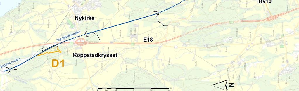 2,9 km. Ved rv.19, vest for Skoppum, er det lokalisert en ny stasjon på sørsiden av veien. Banen går videre sørover, gjennom Tangsrødmarka i en ca. 1,1 km lang tunnel, kalt Gråmunktunnelen.
