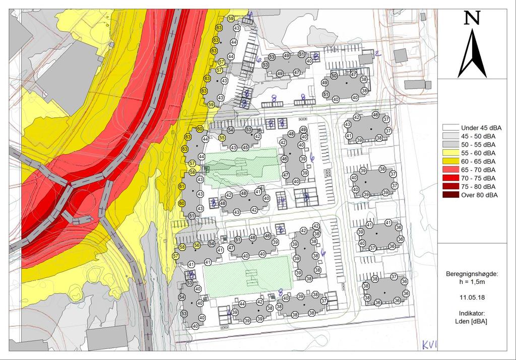 Resultater støynivå fra veitrafikk Figur 2 viser høyeste fasadenivå og støysone i 1,5 meter over lokale høydekoter.