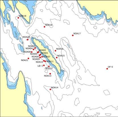 Figur 4. Stasjonsplassering for SPI utenfor Langøya. OF-5 og LØ-1 er hhv hydrografistasjon og faunastasjon for overvåkningsprogrammet for Ytre Oslofjord (Walday et al. 29). 2.4.1 Sedimentprofilfotografering (SPI) Sedimentprofilfotografering (SPI) er en rask metode for visuell kartlegging og klassifisering av sediment og bløtbunnfauna.