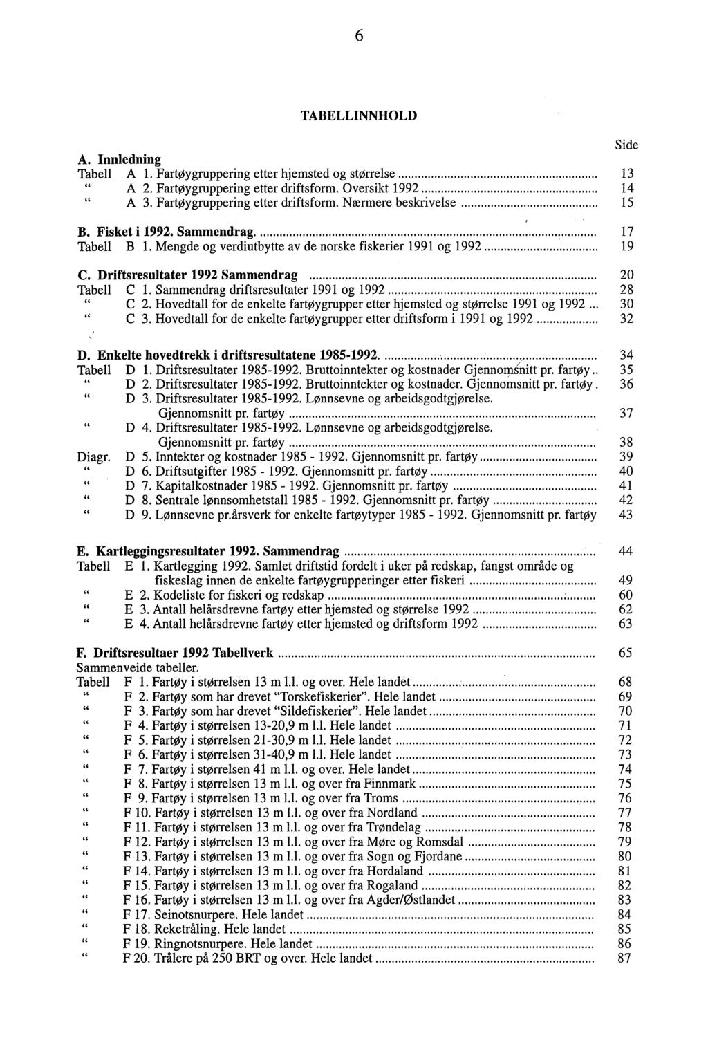 6 TABELLINNHOLD Side A. Innledning Tabell A l. Fartøygruppering etter hjemsted og størrelse... 13 A 2. Fartøygruppering etter driftsform. Oversikt 1992... 14 A 3. Fartøygruppering etter driftsform. Nærmere beskrivelse.