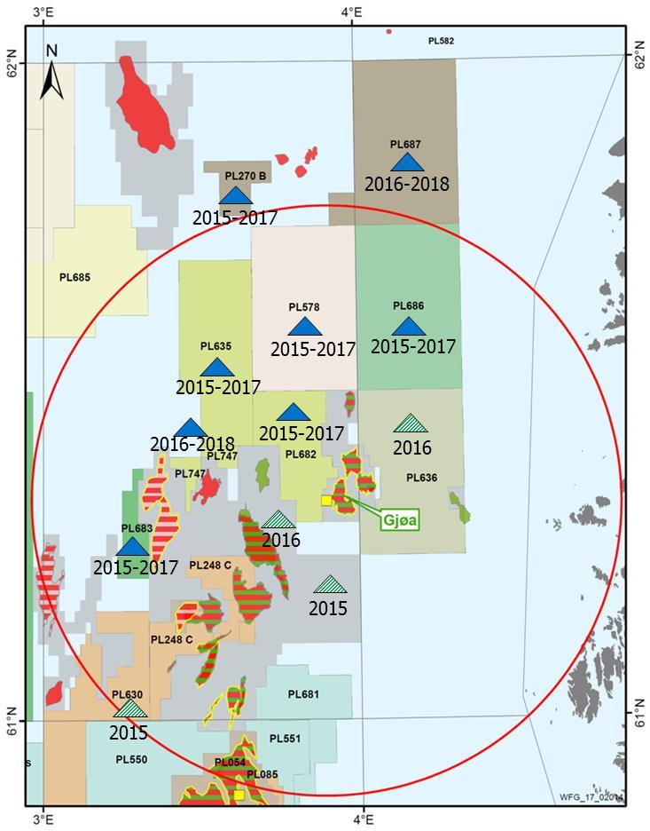 Gjøa-området - potensial Flere lete og utbyggings-aktiviteter Feltnære boringer 2014-15 Juv (tørr) F-West Titan avgrensningsbrønn Atlas letebrønn Mulige letebrønner i PL378, 418 og 293