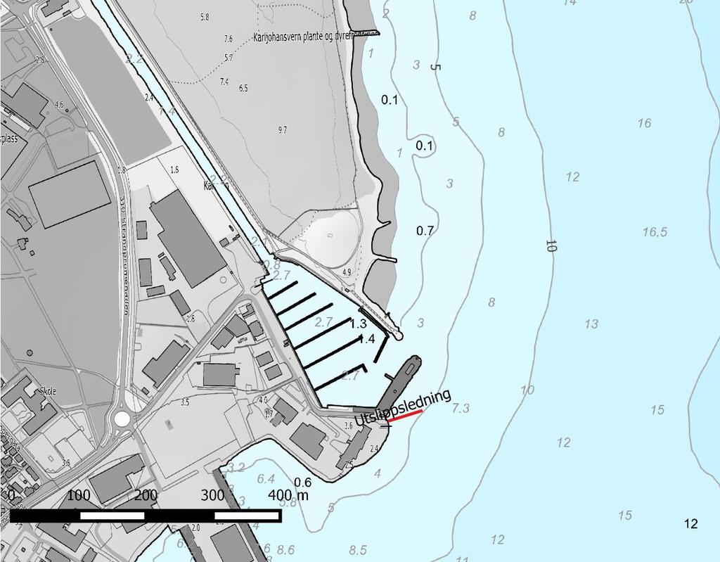 Figur 2: Utslippspunkt vist på kart med dybdekoter (ca. plassering). Kart over stasjoner Prøvetaking av blåskjell ble gjennomført 30. september 2015.