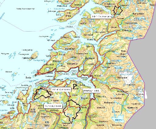 Side 7 Figur 2. Oversikt over nedbørfeltene til sammenligningsfeltene og Fargerielva. Målestasjon 162.4 Valnesvatn ligger 30 km vest for Fargerielva.