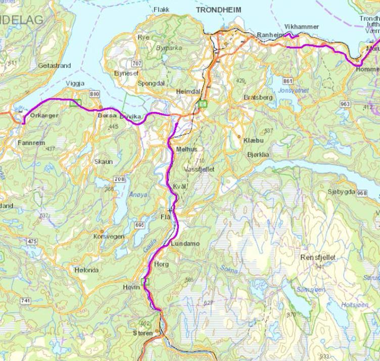 3 Bildet under viser de kartleggingspliktige strekningene sørlige deler av Trøndelag unntatt Trondheim kommune.