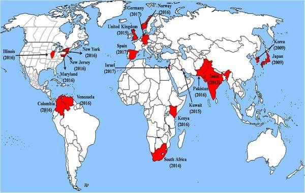 map depicting rapid emergence of multidrug-resistant clinical Candida auris