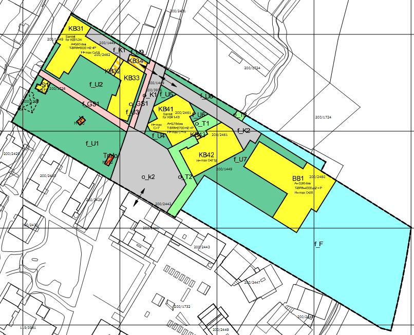 03Planfakta <> Bebyggelsesplanens samlede areal: 12.746 m2 Areal boligformål: 2.670 m2 Antall boliger: 124 Samlet T-BRA bolig: 10.000 m2 T-BRA KB3: 3.000 m2 T-BRA KB4: 2.700 m2 T-BRA BB1: 4.