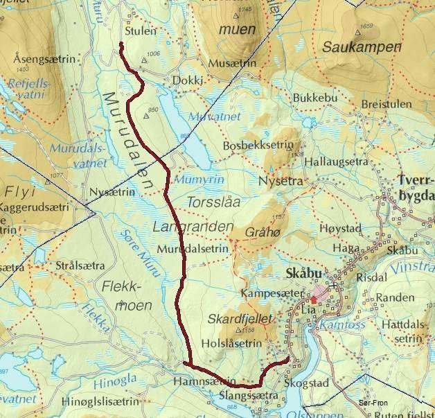 Markering av den registrerte strekningen av Murudalsvegen. BEFARING Murusdalsveien befinner seg i Murudalen, både i Nord-Fron og Sel kommuner, jf. kart ovenfor.