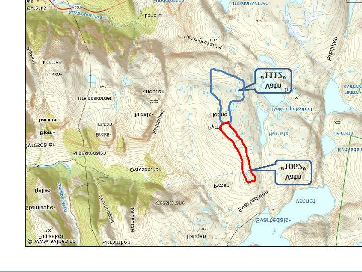 Figur 3. Kart med inntegnet nedbørfelt til Vatn 1062 og til Vatn 1112. Kommentarer. I NVE Atlas er feltgrensene på Pyttfloene trukket delvis feil. I NVE Atlas inkluderes Vatn 1112 i Regineenhet 046.