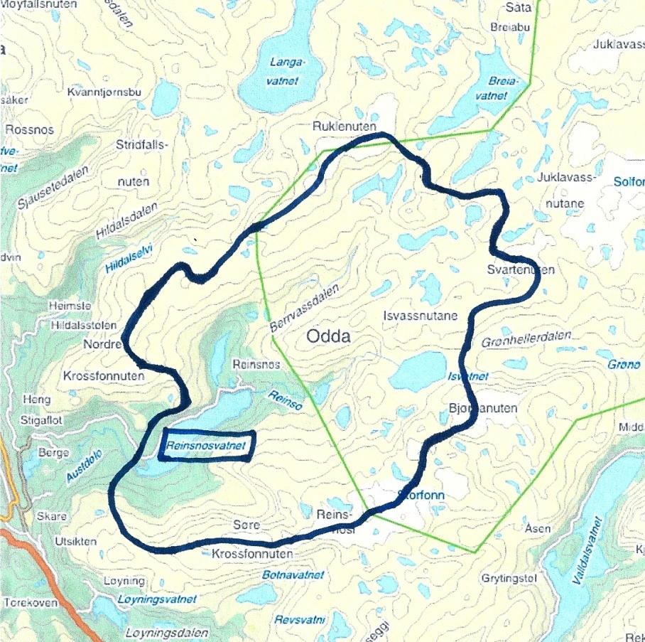 Figur 4. Kart med inntegnet nedbørfelt til sammenligningsstasjonen Reinsnosvatn. 1.